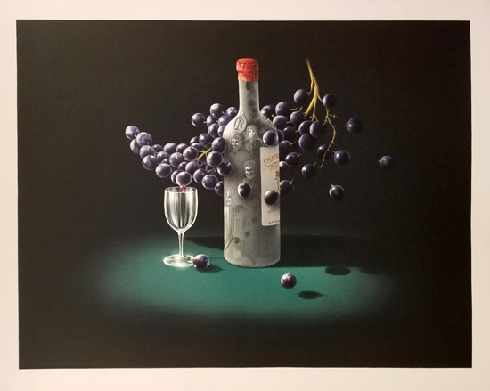 Wine Bottle with Grapes and Glass
