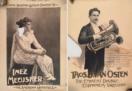 Lot of 2 Damaged Turn of the Century Musician Posters (Inez Mecusker / Thos. D. Van Osten)